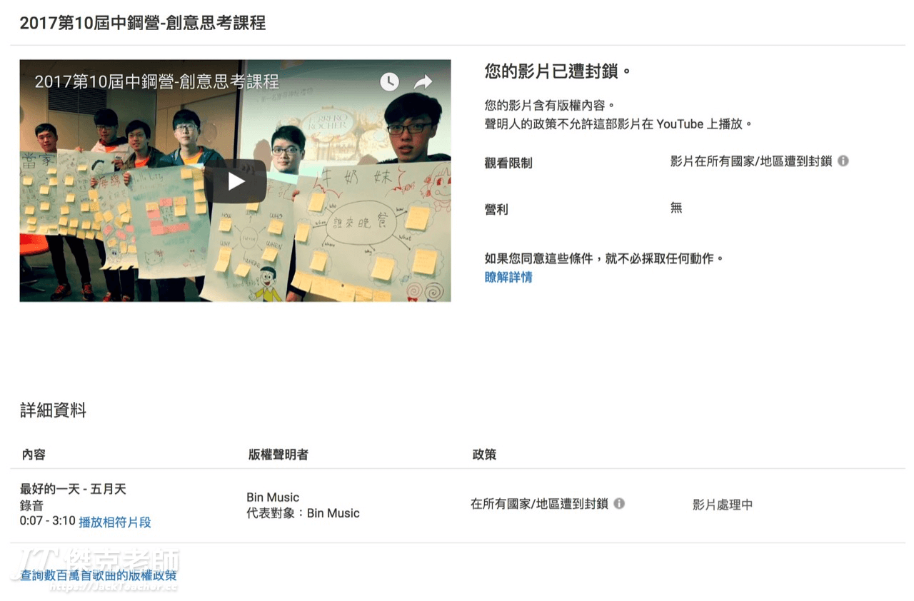 YouTube影片含有版權內容，被封鎖