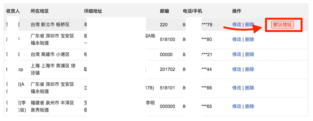 將台灣的地址設定為「默認地址」